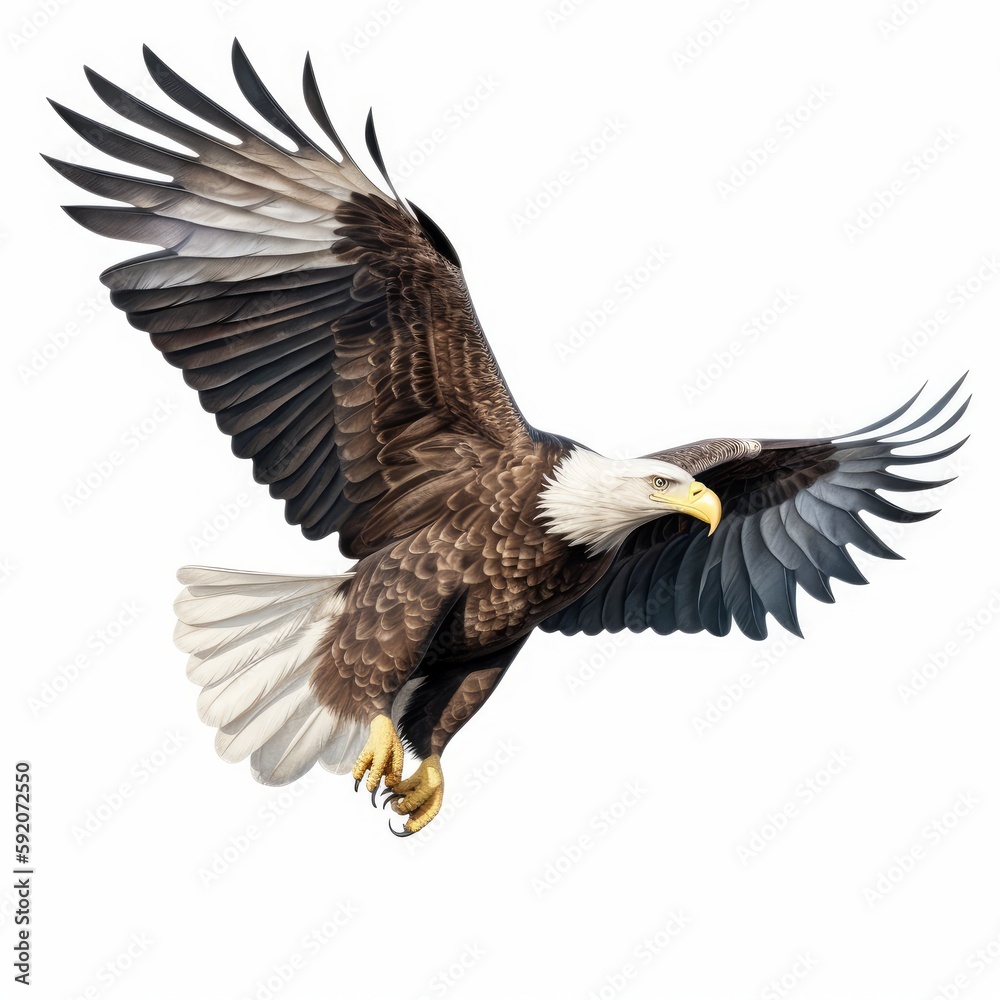 Naklejka premium Majestic American Eagle Soaring through White Skies, Generative AI