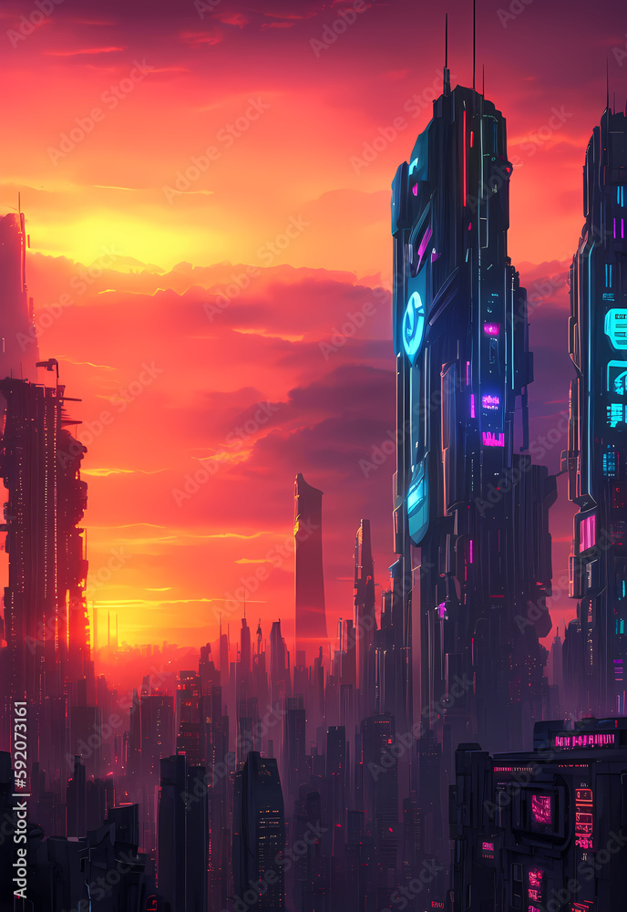 neon noir city skyline, skyscrapers, sci fi, future, sun set, generative ai generativ ki, retro wave, new wave