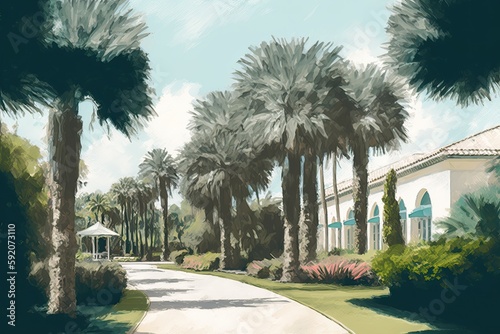beautiful street with palm trees on both sides. Generative AI