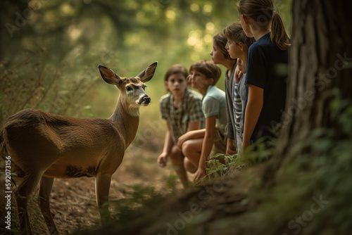 A captivating, wildlife encounter during a family camping trip, featuring parents and children observing a deer, fostering a sense of wonder and appreciation for nature. Generative AI © bluebeat76
