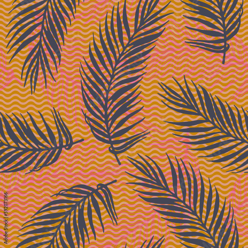 Seamless jungle palm leaves vector pattern. Floral design over waves texture