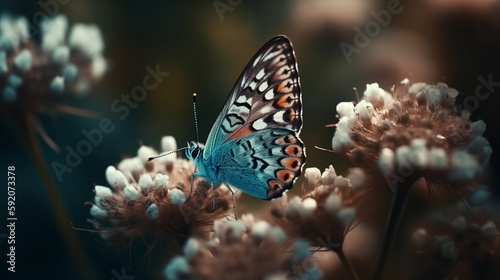 A butterfly sits on a branch with flowers in the background.generative ai