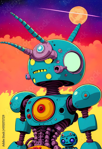 crazy comic robot android in vibrant colors out of space on an alien planet, generative ai generativ ki, digital art, painting, poster design, 60th cartoon style