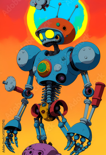 crazy comic robot android in vibrant colors out of space on an alien planet, generative ai generativ ki, digital art, painting, poster design, 60th cartoon style