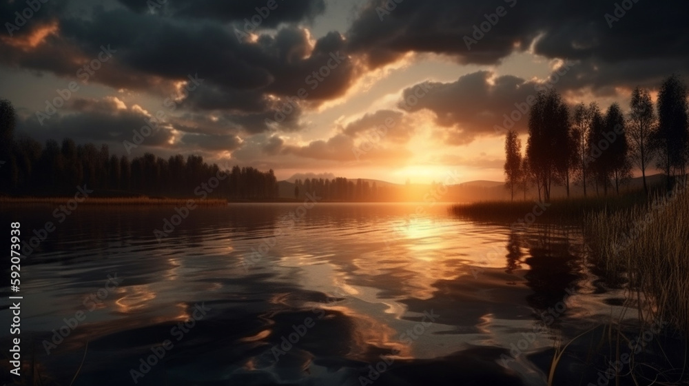 A sunset over a lake with clouds and a sunset.generative ai