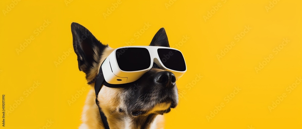 portrait of a dog in VR glasses on yellow background wit empty space banner