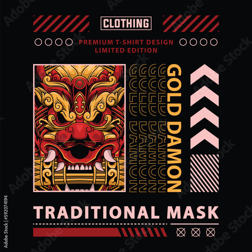 Gold demon t-shirt design, suitable for printing and other uses.