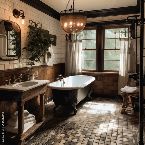 A luxurious rustic bathroom with ceramic tiles and black iron lighting paired with a vintage clawfoot bathtub and plush linens  generative ai