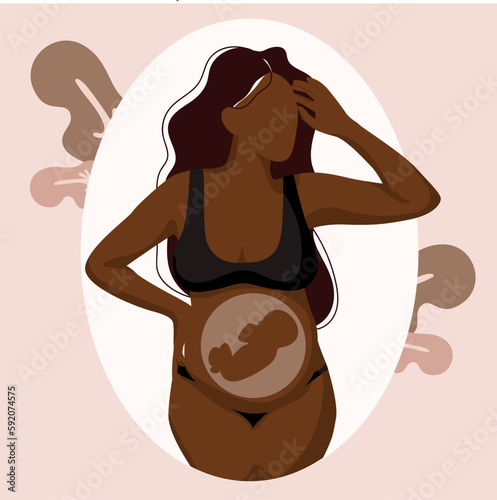 beautiful pregnant woman with baby .Pregnancy and motherhood.girl and pregnant belly.Beige colors. Faceless style vector