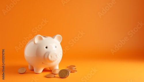 piggy bank with coins, orange background