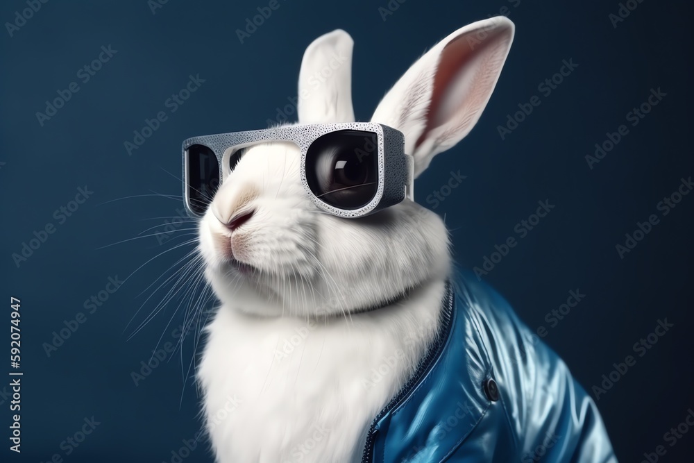 Obraz premium white rabbit wearing sunglasses and blue jacket