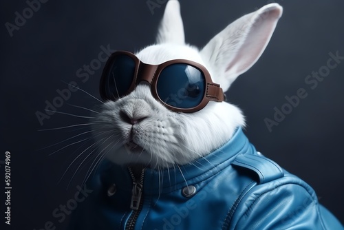 white rabbit wearing sunglasses and blue jacket