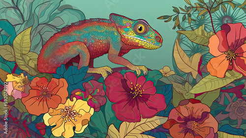 Chameleon on a Colorful Flower in Garden