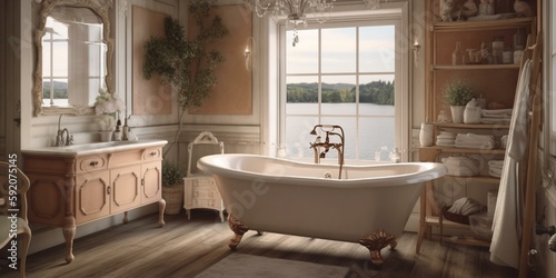 A delightful Shabby Chic Bathroom showcasing distressed wood shelves  crystal accents and a whimsical clawfoot tub  generative ai