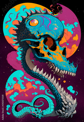 horror illustration of a moster with skullface, fire and clouds, surrealism art 80s of dragon skull, generativ ai ki, digital art painting, poster design, colorful rockabilly, rock n roll poster, hell