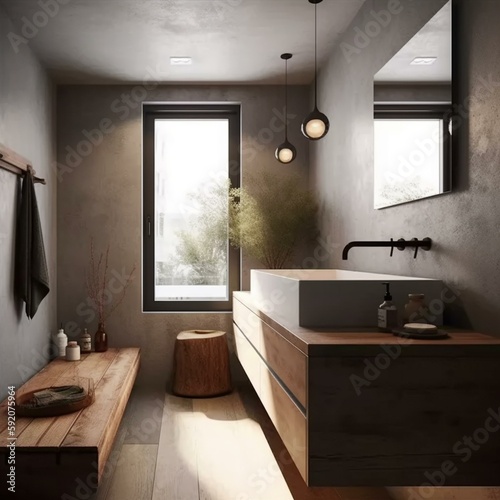 A cozy Minimalist Bathroom with Concrete countertops and Rusty Metal cabinet pulls  generative ai