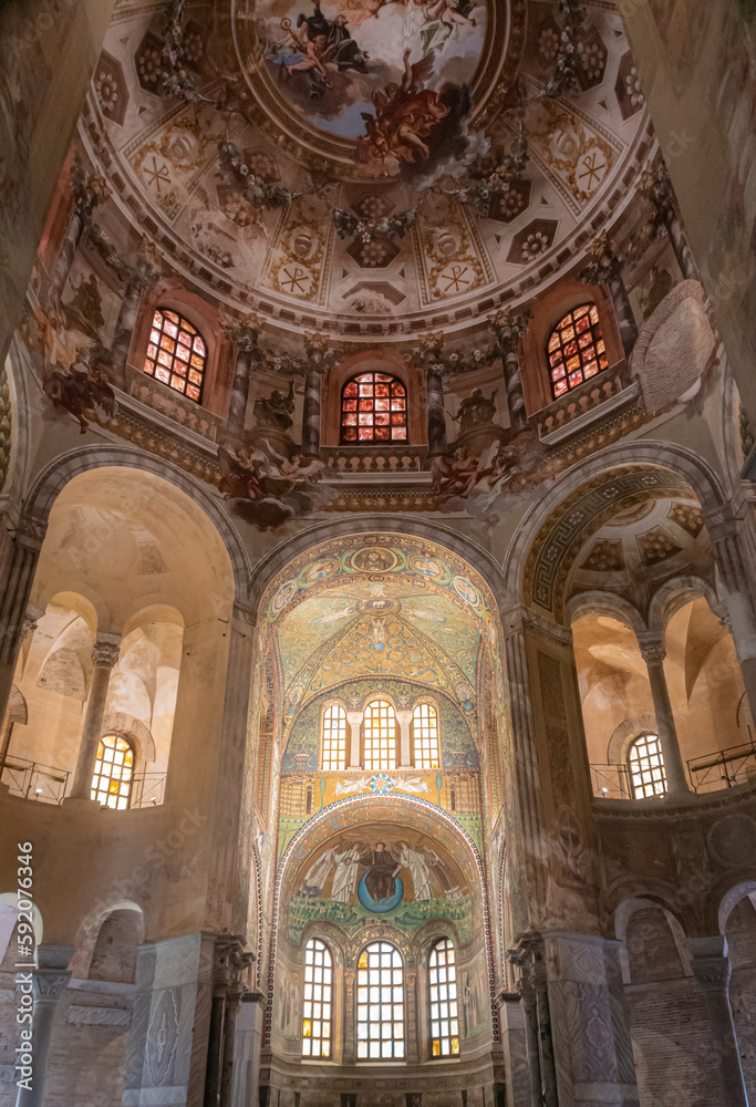 The Basilica of San Vitale is a late antique church in Ravenna, Italy. The sixth-century church is an important surviving example of early Christian Byzantine art and architecture.