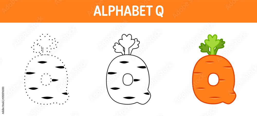 Alphabet Q tracing and coloring worksheet for kids
