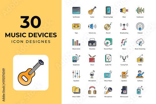 Music Devices icons Collection. 	acoustic, audio, disk, dj, drum, drumsticks, earbuds, equalizer, equipment, guitar, headphones, icon, instruments, keyboards, loudspeaker, microphone, mixer, icons.