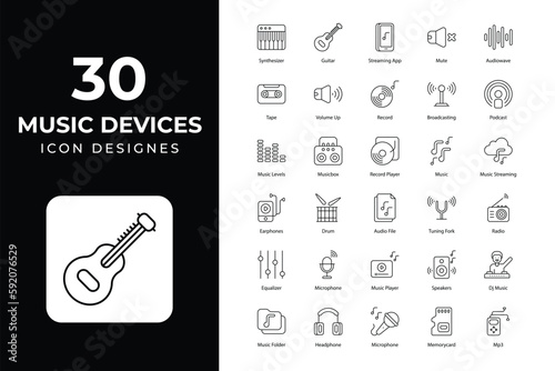 Music Devices icons Collection. 	acoustic, audio, disk, dj, drum, drumsticks, earbuds, equalizer, equipment, guitar, headphones, icon, instruments, keyboards, loudspeaker, microphone, mixer, icons.