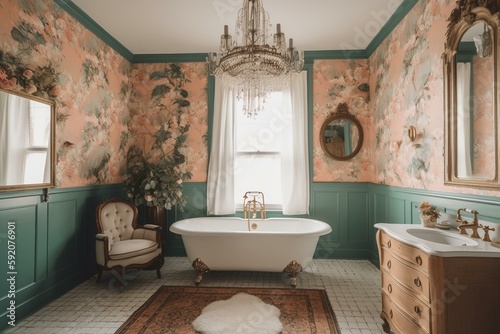A feminine and charming vintage bathroom with a vibrant floral wallpaper  wooden wainscoting  antique fixtures and a vintage-inspired chandelier adding a touch of glamour  generative ai