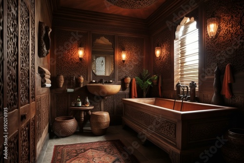 A breathtaking Moroccan inspired bathroom with stunning carved wood textures and rich, vibrant textiles that envelop the space in exotic beauty, generative ai