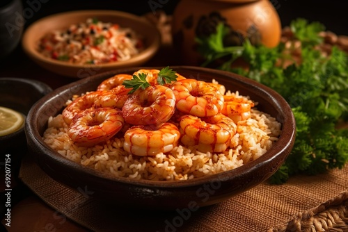 Shrimp bobo Traditional Brazilian Food. shrimp and rice recipe, generative ai