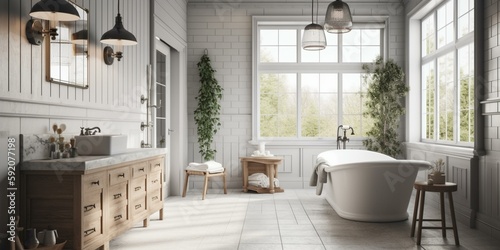 A bright and airy Bathroom with a charming beadboard accent wall, chic black and white floor tiles, and country-style sconces, generative ai