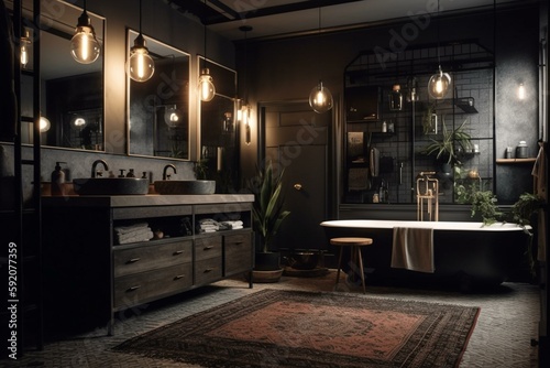A cozy Industrial Bathroom with moody lighting, a plush rug, and dark metal accents, generative ai © BathroomOasis