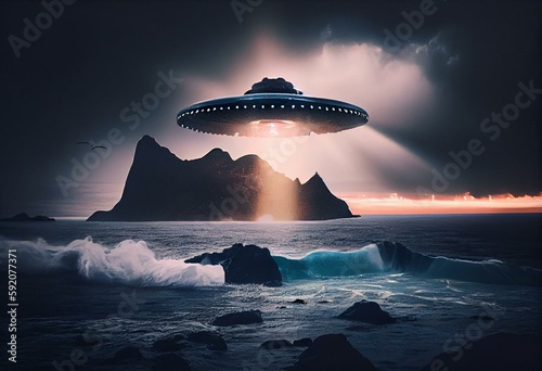 UFO flying over ocean. UFO or spy object sighting made using generative ai