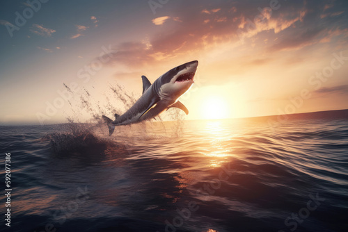 This stock photo captures the beauty and danger of a shark jumping out of the water during a picturesque sunset, showcasing the wildness of nature. AI Generative. © sorapop