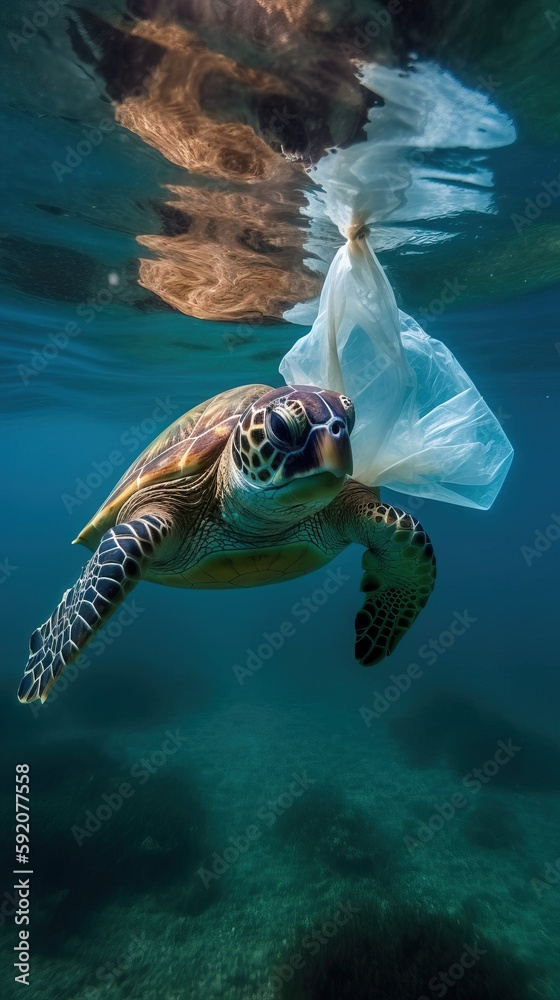 Sea Turtle stuck in plastic bag while swimming underwater in the ocean ...