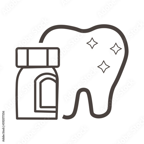 Tooth and bottle with powder on white background