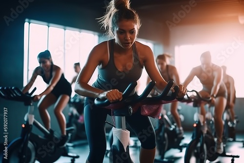 A motivational, group fitness class , featuring participants engaged in an energetic workout, such as spinning, aerobics, set against a vibrant, gym studio background. Generative AI © bluebeat76