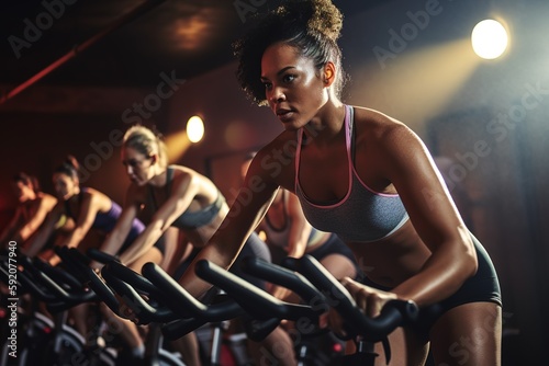 A motivational, group fitness class , featuring participants engaged in an energetic workout, such as spinning, aerobics, set against a vibrant, gym studio background. Generative AI