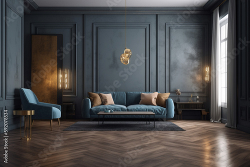 Elegant luxury living room in blue tones. Generative AI 3D render home interior design