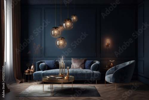 Elegant luxury living room in blue tones. Generative AI 3D render home interior design © fabioderby