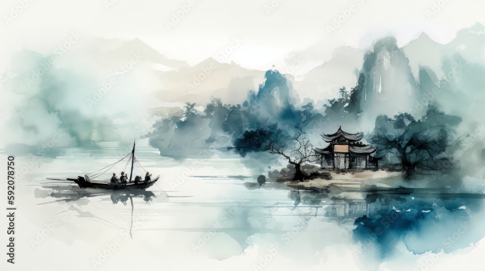 Fototapeta premium Asiatische Landschaft mit Schiff und Bergen Aquarell Background (Generative AI) Digital Art Kunst Cover Tapete Wandbild Hintergrund