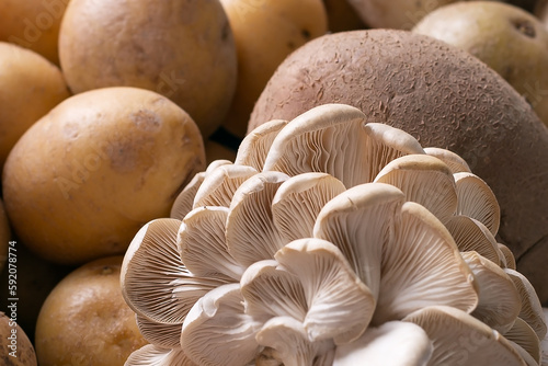 Edible mushrooms close up with vegetables background