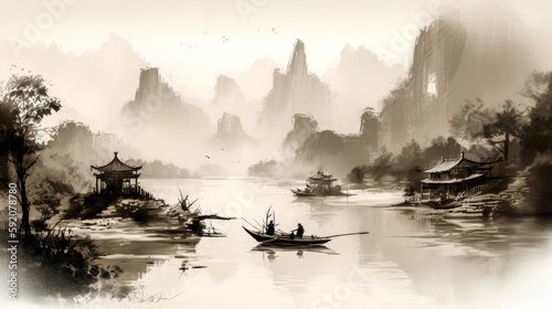 Asiatische Landschaft mit Schiff und Bergen Aquarell Background (Generative AI) Digital Art Kunst Cover Tapete Wandbild Hintergrund