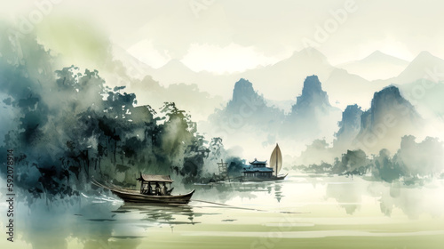 Asiatische Landschaft mit Schiff und Bergen Aquarell Background (Generative AI) Digital Art Kunst Cover Tapete Wandbild Hintergrund © Korea Saii