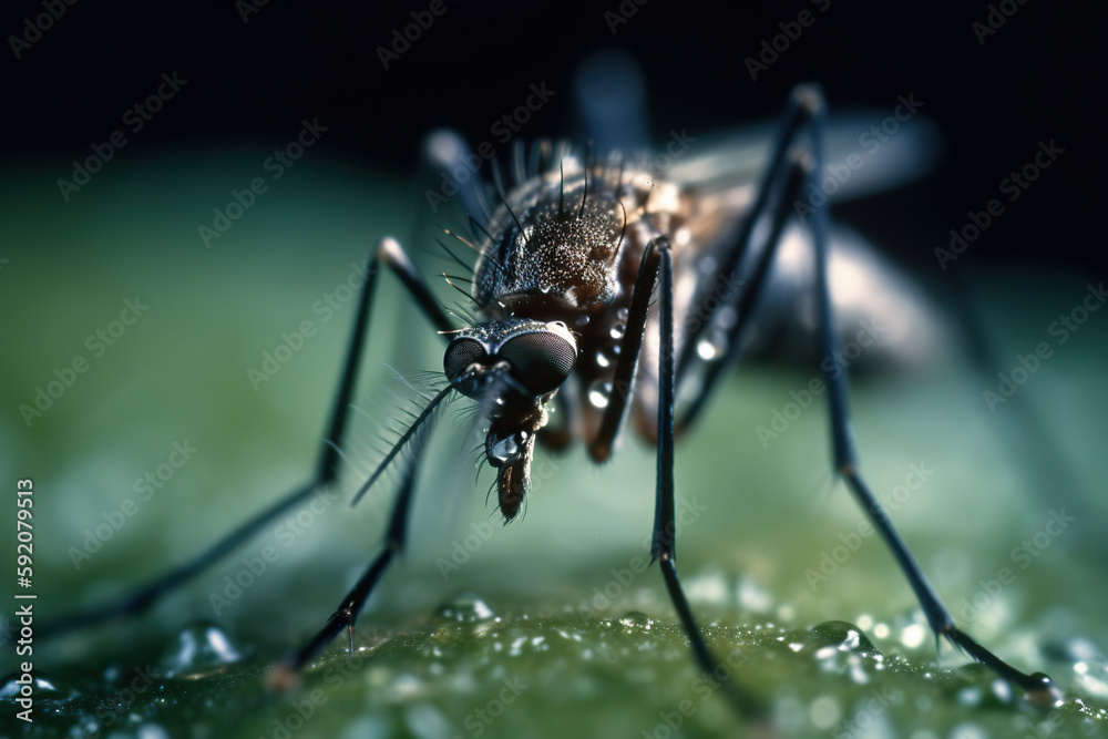 Tiny but mighty: Aedes Albopictus mosquito feeding on a leaf in detailed close-up Tiny but mighty: Aedes Albopictus mosquito feeding on a leaf in detailed close-up