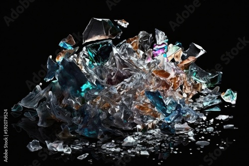 shattered glass pile on a dark background. Generative AI