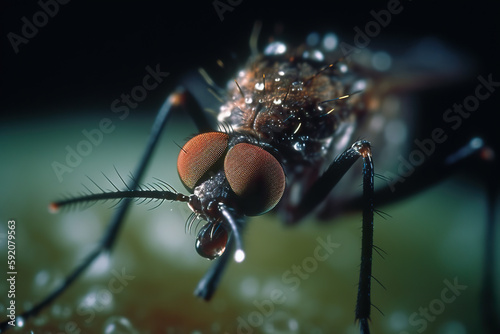 Nature Survivor: Close-up image of a mosquito feeding on a leaf in its natural habitat. © Nedrofly