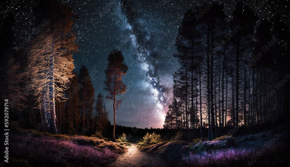 Obraz premium Majestätischer Zauberwald: Malerisches Waldstück mit Milchstraße im Hintergrund - Ein von AI generiertes Meisterwerk der mysteriösen und magischen Stille