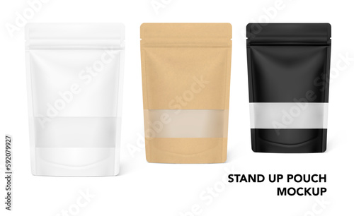Pouch bag mockups with ziplock and transparent window mockup isolated on white background. Vector illustration. Front view. Can be use for template your design, presentation, promo, ad. EPS10.	