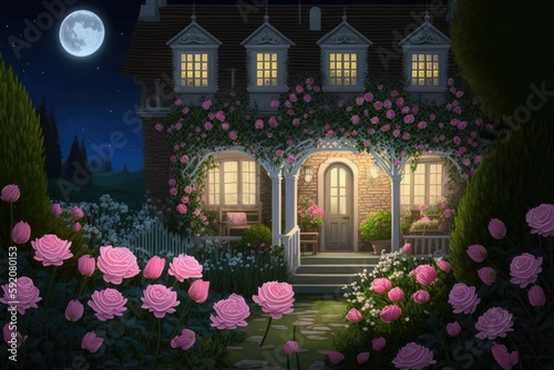 house at night with pink roses. Generative AI © 2rogan