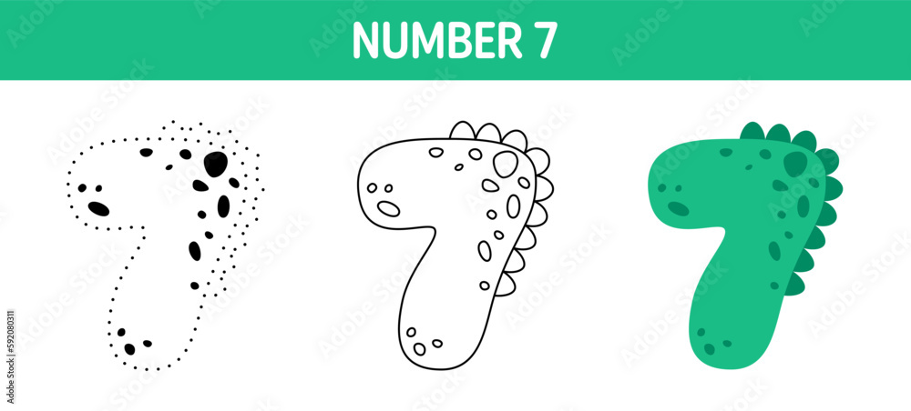 Number 7 tracing and coloring worksheet for kids