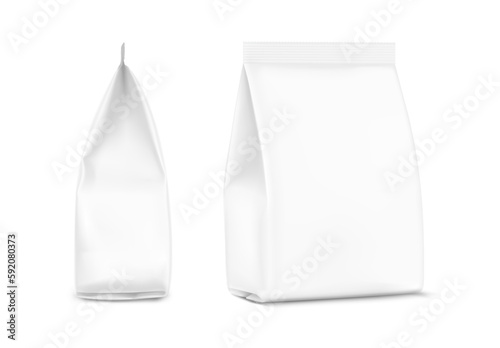Flat bottom package bag mockup.  Vector illustration isolated on white background. Half and side views. Can be use for template your design, promo, adv. EPS10.