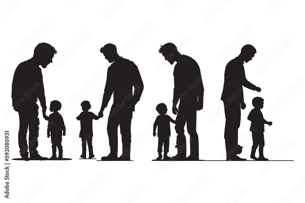 Father and son silhouette. Father and small son black silhouette vector.